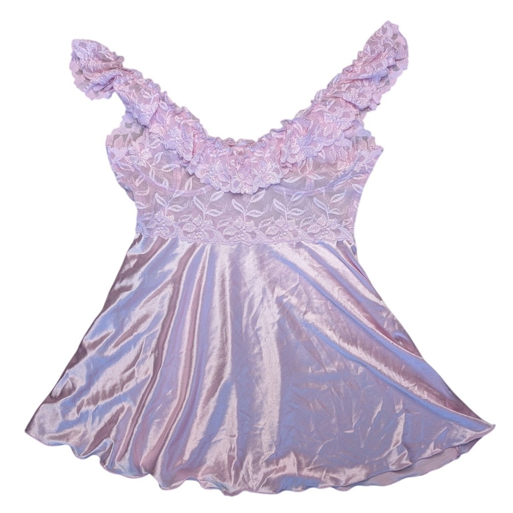 Glamcom pink frilly lace satin stretchy babydoll slip dress lingerie
